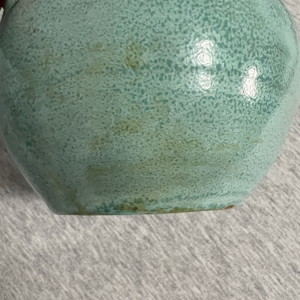Vintage Turquoise Pottery Pansy Pot Vase Flower Frog Double Handle Jug Handmade - Picture 9 of 10